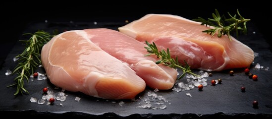 Aufkleber - A view from the top of raw sliced chicken breast fillet steaks on a marble board with a black background leaving space for a picture. Creative banner. Copyspace image