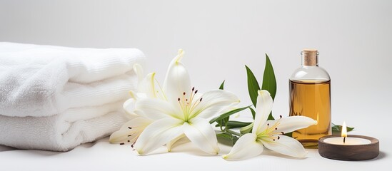Aufkleber - A serene wellness setting showcases a beautiful lily a towel a candle and an oil bottle on a white background providing ample copy space for your own use