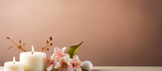 Poster - Spa concept with a cream jar for facial treatment surrounded by candles flowers and copy space image