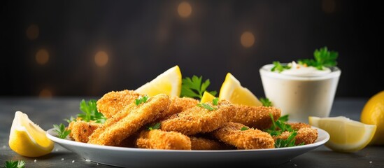 Canvas Print - A close up view of fresh fish fingers coated in breadcrumbs served with sauce and a slice of lemon on a grey table providing ample copy space for the image