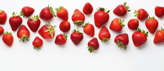 Aufkleber - A top down view of juicy ripe strawberries rests on a pristine white surface evoking the essence of fresh organic summer fruit The vibrant red berries create a vivid contrast against the blank canvas