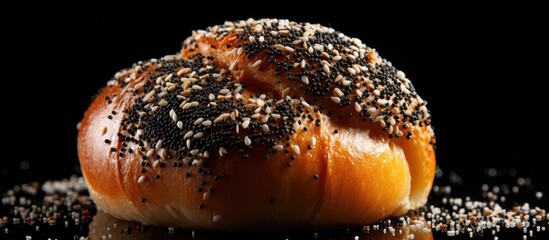 Poster - Close up of a deliciously baked bun with poppy seeds on a black background perfect for showcasing in a copy space image Reminds of rural cuisine or bakery