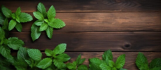 Aufkleber - Top down view of a copy space image featuring fresh and fragrant mint leaves arranged on a rustic wooden background