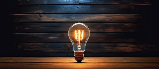 Poster - A vintage colored light bulb glows on a wooden plank in a silhouette background with a bottom view perspective The image has copy space