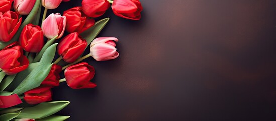 Fototapete - A copy space image showing a greeting card celebrating Valentine s Day with a beautiful bouquet of tulips and a red heart