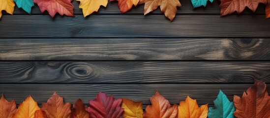 Aufkleber - Top view of a wooden background with a composition of autumn leaves and ample space for text creating a copy space image