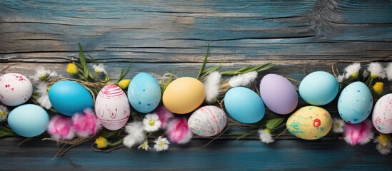 Aufkleber - An image featuring colorful Easter eggs carefully painted and displayed on a rustic blue wooden backdrop The composition provides an attractive copy space image 184 characters