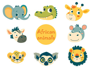 Wall Mural - Set of cartoon african animals. A Giraffe, a lion, an elephant, a zebra, a hippo, a lemur, a cheetah etc