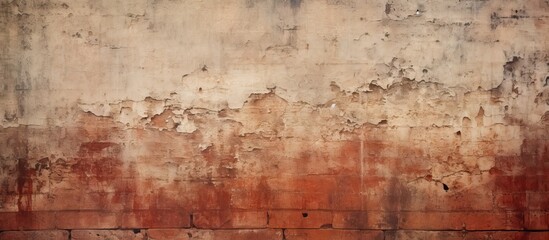 Sticker - The copy space image showcases an abstract web banner featuring a grungy wide brick wall with a shabby building facade and distressed plaster creating a grunge red stonewall background