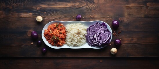 Wall Mural - A top view close up of a plate on a wooden table with a copy space image of fried blue cabbage onion apple and garlic
