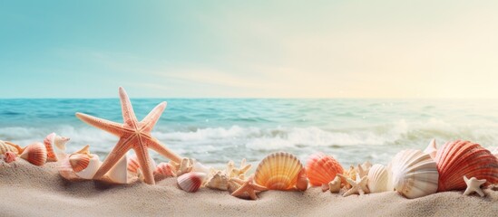 Poster - A beach summer background featuring seashells sea stars and coral with plenty of copy space for an image