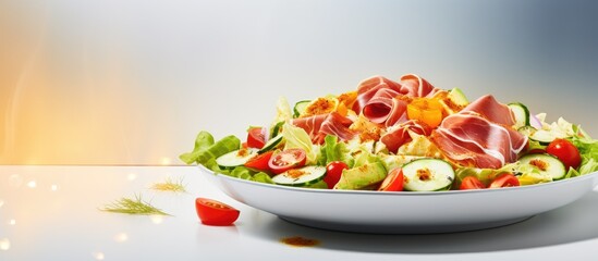 Poster - A trendy salad with ham paprika cucumber and cheese emphasizing its healthy ketogenic diet benefits Suitable for a diet lunch Copy space image