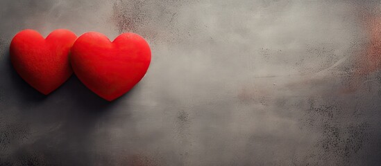 Poster - Two red heart shaped objects placed on a textured surface with empty space around suitable for adding any desired image or text. Creative banner. Copyspace image