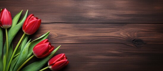 Leinwandbilder - A top down view of red tulips displayed on a rustic wooden table with ample empty space for other elements in the image