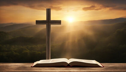 Wall Mural - holy cross with holy bible and magical sunrise in the mountains