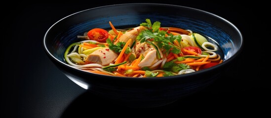 Aufkleber - A close up copy space image of an Asian chicken and vegetable soup garnished with zucchini red pepper and carrot served in a blue bowl on a black marble background