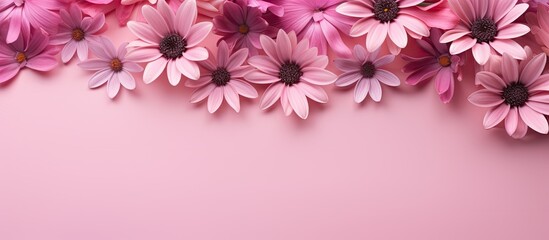 Aufkleber - On a pink paper background there is a lovely arrangement of pink flowers creating a beautiful and harmonious copy space image