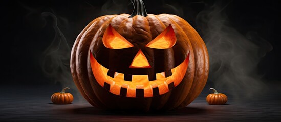 Poster - A Halloween pumpkin with a spooky face carved on it creating a perfect copy space image for adding text or designs