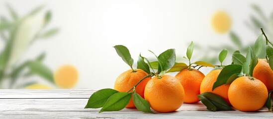Aufkleber - Seasonal fruits such as vibrant tangerines or clementines abundantly adorned with leaves showcased on a white wooden background creating a refreshing copy space image