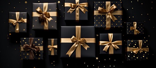 Aufkleber - Flat lay of black Friday and holiday themed cardboard gift boxes placed on a black background creating a visually pleasing copy space image
