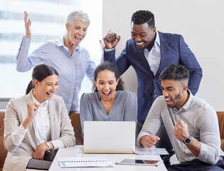 Poster - Business people, laptop and group with celebration, teamwork and email with approval, promotion and smile. Internet, employees and coworkers with pc, excited and happy with achievement, wow or goal
