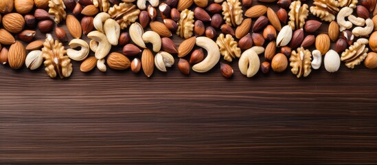 Poster - Top view of a wooden board background with a frame of nuts providing copy space for text