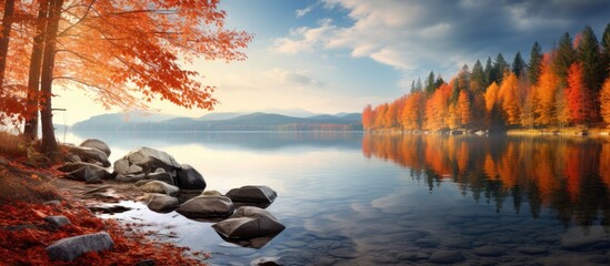 Canvas Print - A stunning lake scene adorned with vibrant autumn colors Perfect for a tranquil copy space image