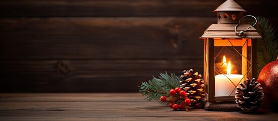 Poster - A festive arrangement of a burning lantern and Christmas decorations placed on a wooden background providing ample copy space for text