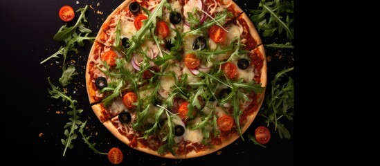 Poster - A top view of a sliced pizza on a black background topped with mozzarella four cheese olives and arugula with copy space for a restaurant menu image