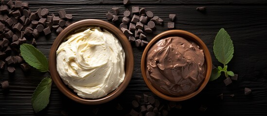Aufkleber - Copy space image of homemade cosmetics made with cocoa butter displayed on a dark grey wooden background viewed from the top