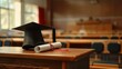 A neatly placed graduation cap and diploma scroll on a wooden lecture podium in an empty classroom