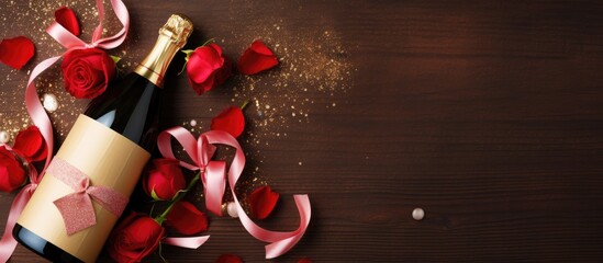 Poster - A high quality photo of a Valentine s Day or Christmas greeting card featuring a champagne bottle and a gift box The top view allows for greetings to be added It is a flat lay image with ample copy s