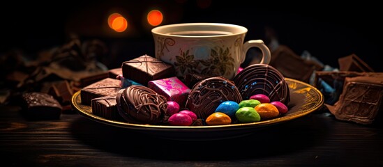 Poster - Copy space image of chocolate candies wrapped in vibrant foil arranged on a plate alongside a steaming cup of coffee on a dark background