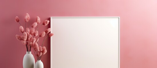 Poster - A pink wall serves as a backdrop for a tastefully decorated home interior with a picture frame and a vase containing a dry plant on a white table allowing for copy space image