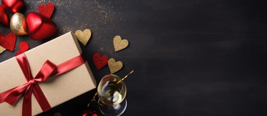 Poster - A high quality photo of a Valentine s Day or Christmas greeting card featuring a champagne bottle and a gift box The top view allows for greetings to be added It is a flat lay image with ample copy s