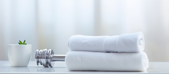 Aufkleber - An image illustrating the concept of a healthy lifestyle featuring a silver dumbbell and a white towel. Creative banner. Copyspace image
