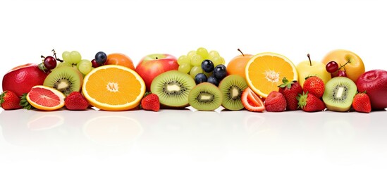 Aufkleber - A vibrant assortment of various sliced fruits perfectly arranged on a pure white background for a visually striking copy space image