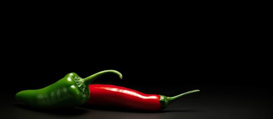 Poster - Copy space image of red and green chilli placed on a sleek black table
