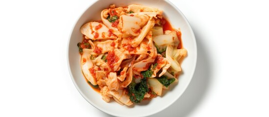 Poster - Top view of a copy space image featuring Korean homemade fermented side dish food Kimchi cabbage against a white background
