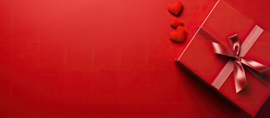 Poster - A top down view of a gift box placed on a vibrant red background with plenty of room around it for adding text or other elements This image symbolizes love and joyful celebrations. Creative banner