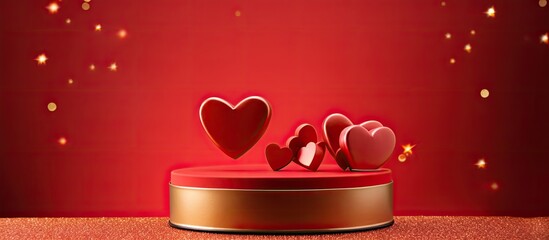 Aufkleber - A bright red background with a red podium holds two golden hearts creating a Valentine s Day celebration concept Copy space image