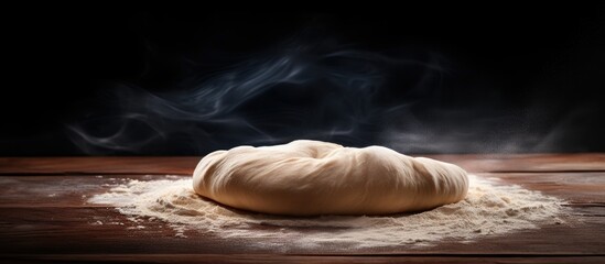 Poster - A wooden dough roll is being used to efficiently flatten and roll out the light dough on a dark kitchen surface creating a copy space image