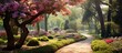 In the lush blooming garden a curvaceous pathway meanders gracefully past trees with rounded crowns providing a picturesque and serene landscape for strolling 194 characters. Creative banner