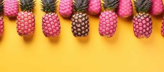 Aufkleber - A flat lay top view shows a pattern of sliced pineapples on a pink background in the copy space image