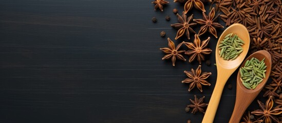 Poster - A group of star anise with seeds is displayed on a green background along with anise in a wooden spoon This flat lay image showcases flavorful Asian spices with copy space
