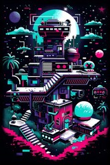 Retro Arcade Streetwear Design with Futuristic Pixelated Elements and Neon Cityscape