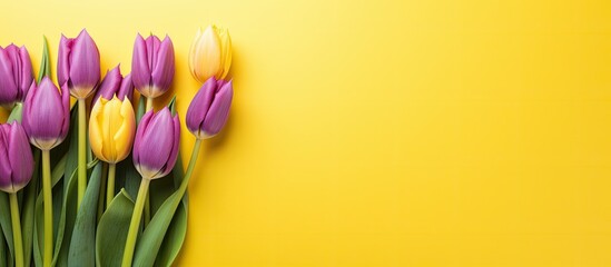 Fototapete - A copy space image showcasing a vibrant backdrop filled with yellow and violet tulip bouquets