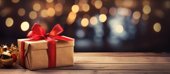 Fototapete - A copy space image featuring a festive Christmas gift box adorned with a vibrant red ribbon resting on a rustic wooden background surrounded by an assortment of beautifully decorated Christmas presen