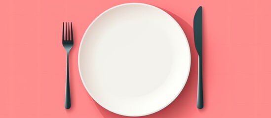 Poster - A top down view of a white round ceramic plate on a pink background with a fork and knife elegantly positioned alongside it creating a captivating copy space image
