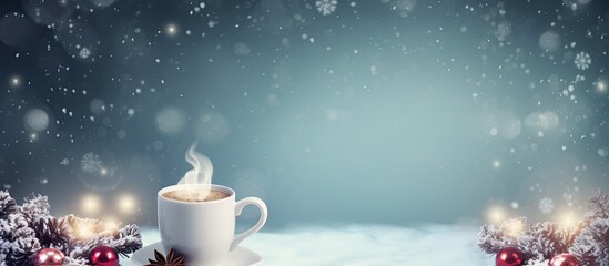 Poster - A delightful top down view of a Christmas themed background featuring a steaming mug of hot cocoa adorned with fluffy marshmallows with plenty of empty space for additional content